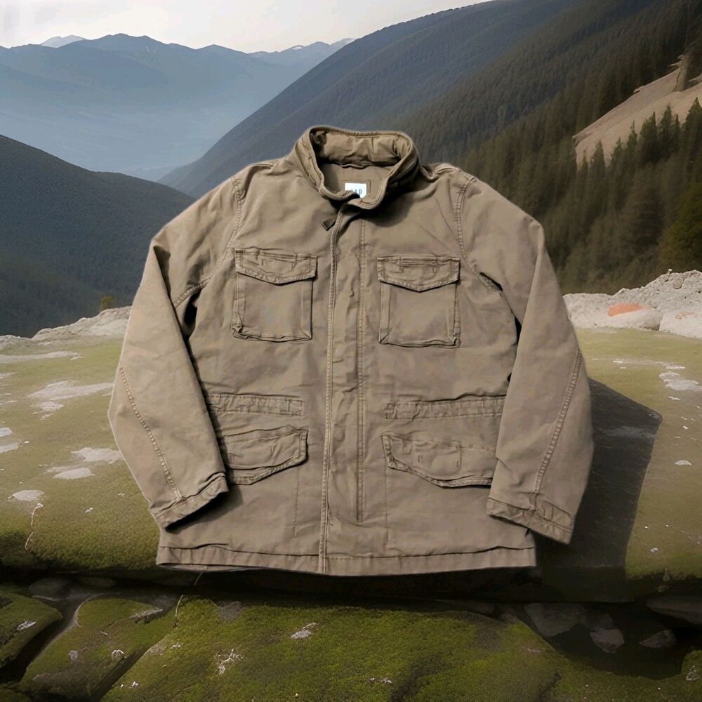GAP MILITARY STYLE HOODED FIELD JACKET TAN HEAVY DUCK CANVAS MENS SIZE LARGE EUC